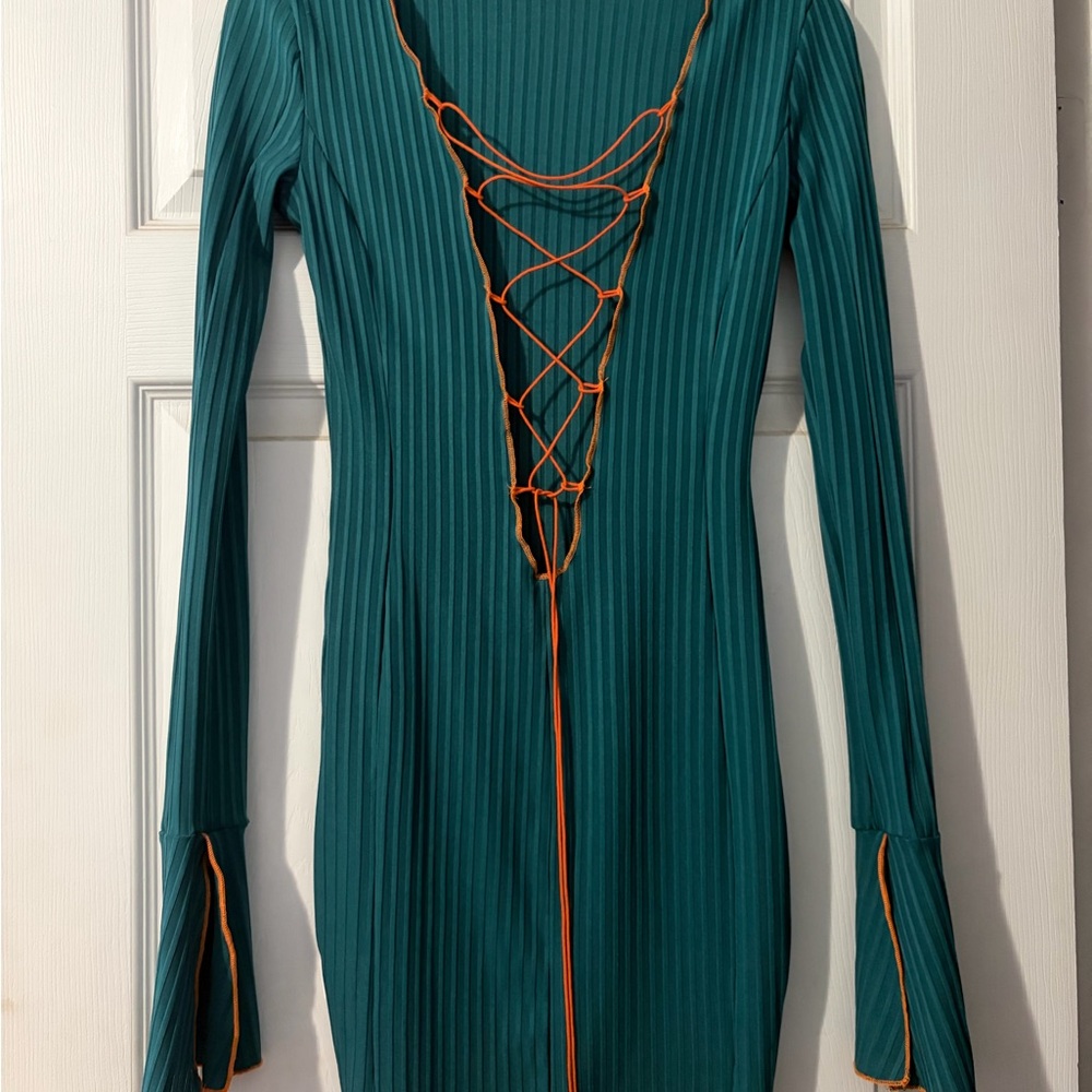 Long Sleeve Teal Ribbed Lace-Up Dress
